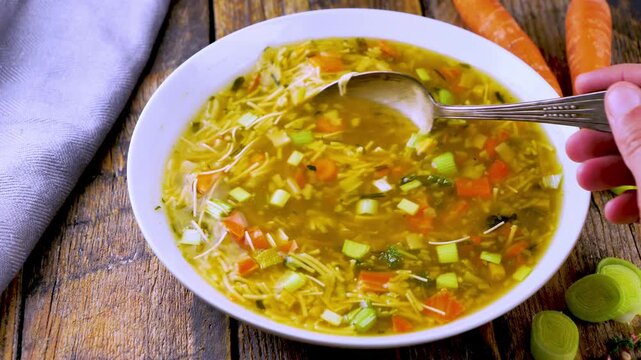 Homemade vegetable noodle soup with hand holding spoon in bowl on rustic wooden table