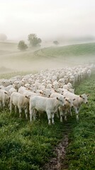 Fototapeta premium Herd of White Charolais Cattle Walking Through Misty Green Pasture at Dawn