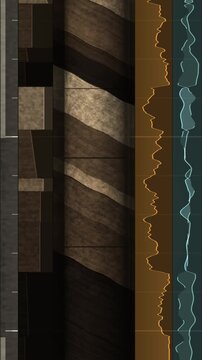 Geological drill core scrolling upward beside grain size and gamma ray wireline logs with lithology column in cool core tones vertical 9:16