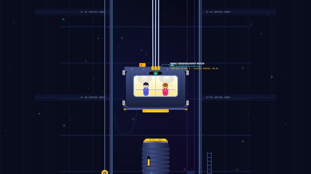 2D animation of an elevator free fall simulation demonstrating how a hydraulic buffer system at the bottom of the shaft safely absorbs kinetic energy to prevent fatal impact for the passengers
