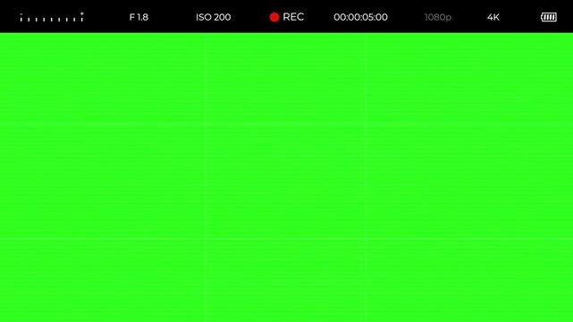Camera Recording Interface on Green Screen with REC Timer, ISO and 4K Display