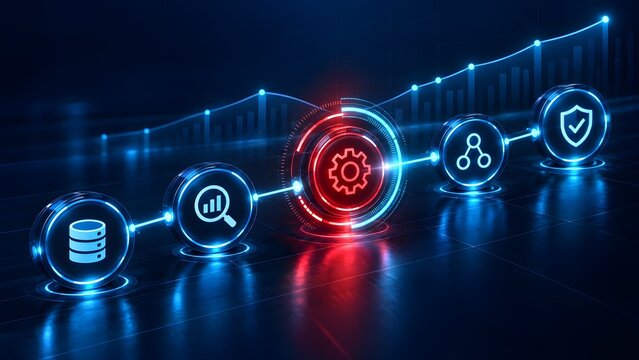 Glowing digital process flow icons connecting database analytics settings network and security over an upward trend graph