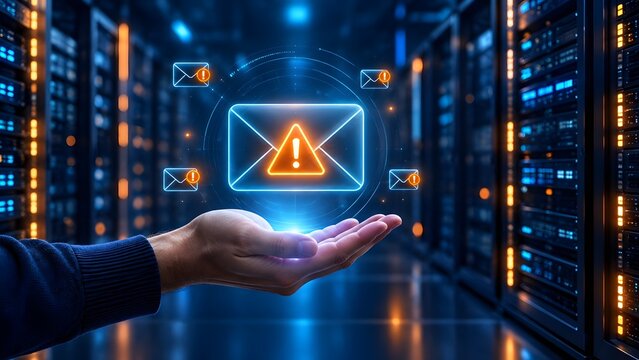 Hand holding a glowing holographic email icon with a red warning symbol representing phishing detection and secure communication in a datacenter