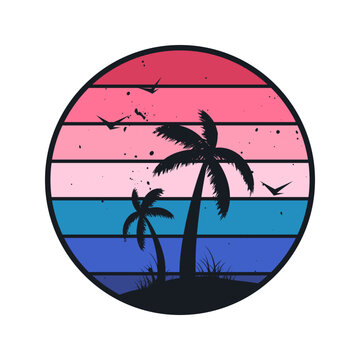 Grunge vintage sunset. Colorful striped sunrise badge in 80s and 90s style. Sun and ocean view, summer vibes, surfing. Design element for print, logo or t-shirt. Vector illustration