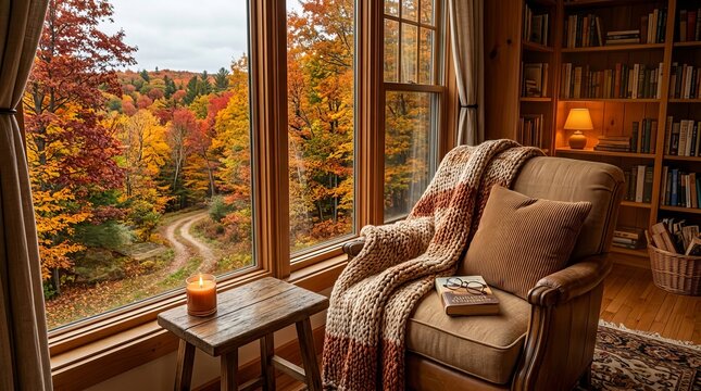 Rustic cabin reading nook featuring plush armchair knit throw blanket and wooden table with candle overlooking path through colorful autumn forest.
