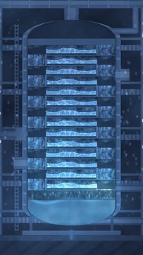 Distillation column cutaway with sieve trays, bubbling froth layers and downcomer liquid cascade, seamless loop in rich cryo tones vertical 9:16
