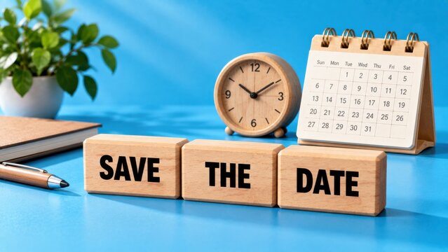 Wooden blocks with save the date text arranged on blue surface with clock and calendar for event planning concept.