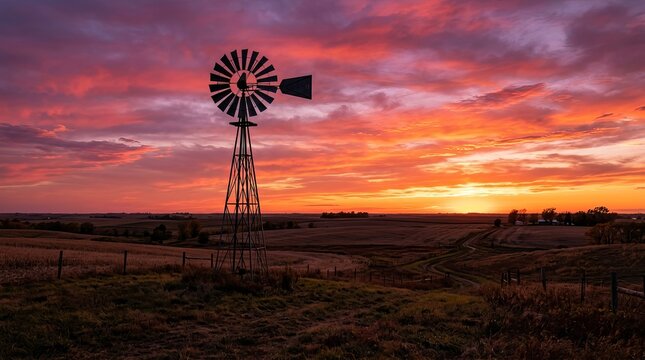 Iconic farm windmill silhouette against vivid pink and orange sunset sky overlooking vast agricultural fields and winding dirt road in countryside.