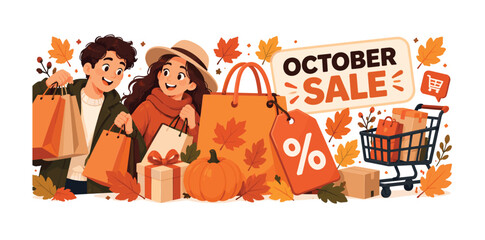 Obraz premium October Seasonal Sale. October seasonal sale banner showing two shoppers beside one oversized autumn shopping bag and one oversized percent tag, with falling leaves, gift box, cart, ecommerce package