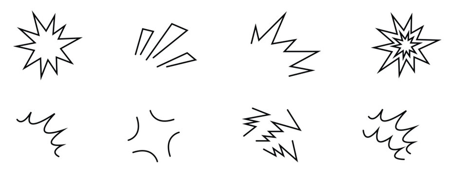 Hand drawn burst and impact line icons in a black outline collection. Dynamic comic-style symbols show sparks, motion, shock, and emphasis. Great for posters, stickers, and graphic design.