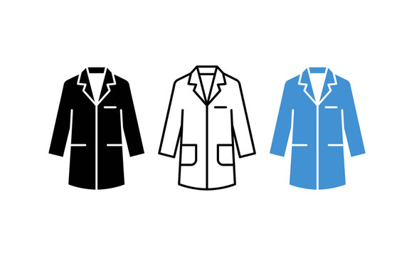 Medical lab coat icon set, professional doctor uniform symbols, scientific research apparel signs in black, outline, and blue styles