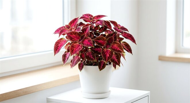 Red Coleus Plant Coleus Blumei In White Pot On Windowsill Bright Interior