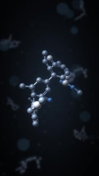 Rotating 3D molecule ball and stick model chemistry and pharmaceutical science background seamless loop in calm steel tones vertical 9:16