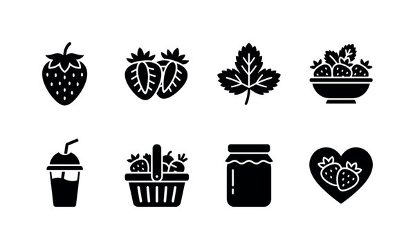 Strawberry Healthy Food, solid glyph icon set featuring whole strawberry, sliced strawberry, strawberry leaf, fruit bowl, smoothie cup, grocery basket, jam jar, nutrition heart, covering strawberry,