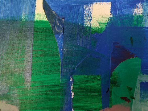 Blue and Pink Abstract Acrylic Painting with Green Torn Paper Strips