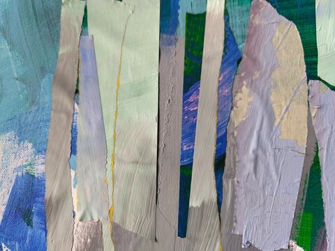 Blue and Green Abstract Acrylic Painting with Tan Torn Paper Strips