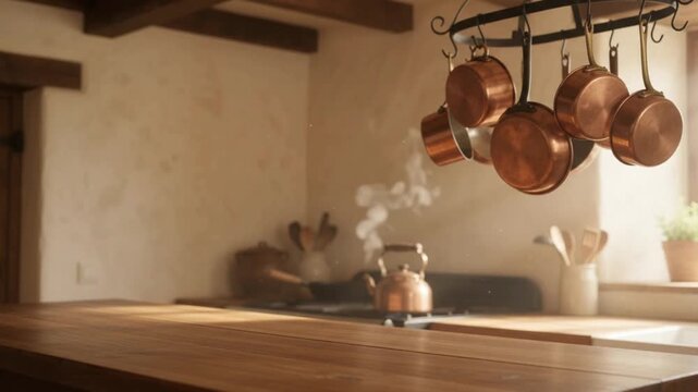 Cozy rustic kitchen with hanging copper pots and a steaming kettle on a wooden countertop