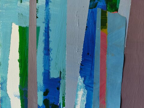 Lavender and Blue Abstract Painting with Green Torn Paper Strips