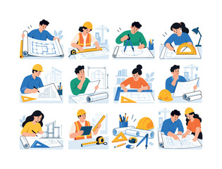 Fototapeta premium Construction Drafting Tools. Blueprints, rulers, compasses, drafting, protractors, engineering, buildings, design tools and technical projects. 12 minimalist editorial vector scenes: Architect opens a