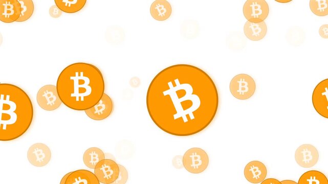 Bitcoin Coins Falling Animation on White Background, Cryptocurrency Motion Graphic