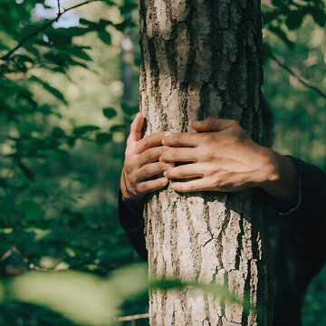 Person hands hugging a large tree trunk in a lush forest with natural soft lighting