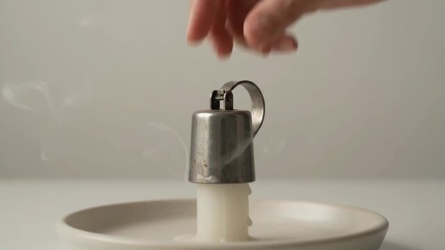 Hand Using A Metal Snuffer To Extinguish A White Candle Flame