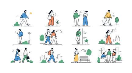 Fototapeta premium Everyday Human Movement. Diverse people, groups, daily poses, movement, standing figures and architectural renderings. 12 minimalist editorial vector scenes: Person walks forward, Figure stands with a