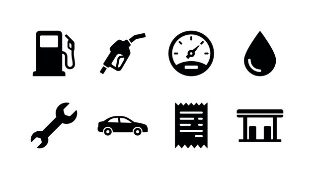 Gas Station Service, solid glyph icon set featuring fuel pump, gasoline nozzle, car, fuel gauge, oil drop, receipt, wrench, station canopy, covering gas station, refueling, automotive service, fuel