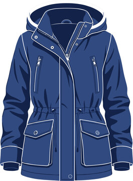 Blank blue winter parka jacket with hood vector illustration realistic apparel mockup template for technical outerwear clothing design
