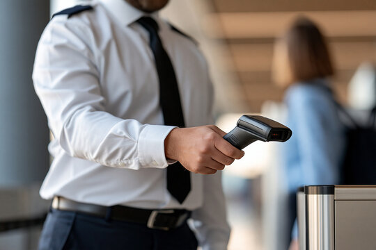 Security guard scanning boarding pass with barcode reader at airport gate, ensuring passenger identity verification and secure access control for travel and departures