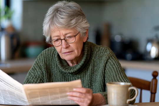 Senior woman with gray hair wearing eyeglasses reading an alarming newspaper in the kitchen, feeling concerned and thoughtful about current events and world news