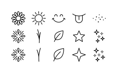 Fototapeta premium Playful Daisy Symbols, line icon set featuring daisy, sun, smile symbol without face, tongue shape, freckle dots, petal burst, flower stem, leaf, summer star and cheerful sparkle, covering playful