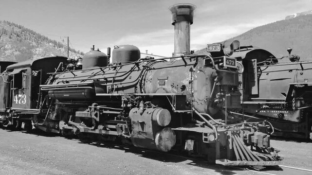 Black and white old style movie clip of an antique American steam locomotive 