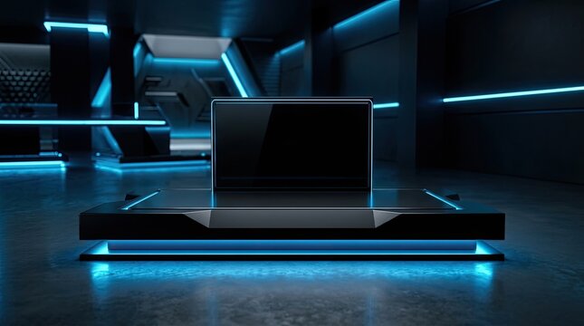 A futuristic, dark, and sleek interior with blue neon lighting and a sleek black console with a laptop on it.