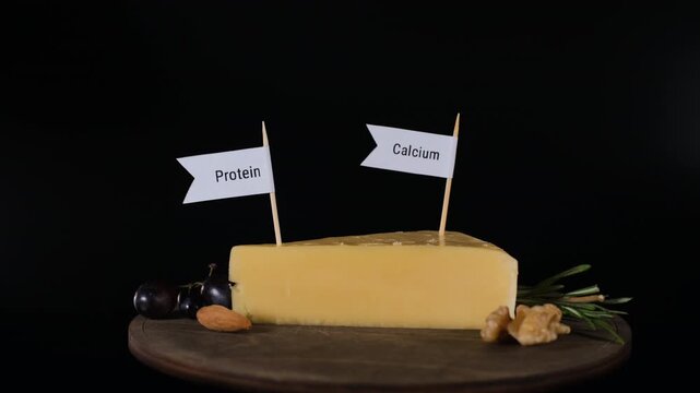 Fresh cheese on a wooden stand receives protein, calcium, vitamin A and zinc markers from a male hand against a black background. Healthy food concept