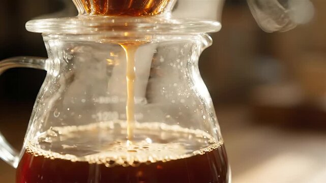 Coffee Dripping Slowly From a Glass Carafe Into a Clear Beaker, Showcasing a Slow-Motion Pour and Rich Amber Liquid.