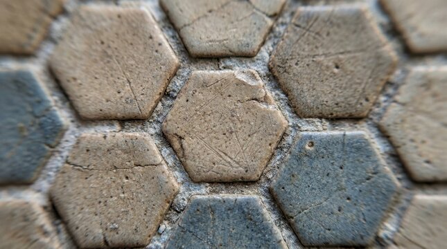 Macro photography of a ceramic mosaic tile hexagon pattern. Close-up texture of earthy beige and grey geometric tiles with rough matte surfaces and grout lines