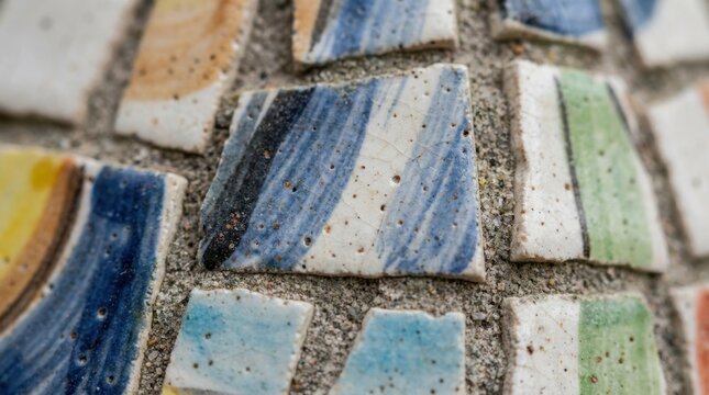 Close up of hand painted ceramic mosaic tiles. Glazed texture with blue and green stripes