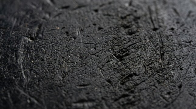 Macro photography of scratched black rubber texture. Close up detail of damaged hockey puck surface. Dark grunge material background