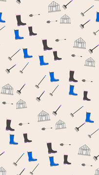 Gardening tools and boots seamless pattern