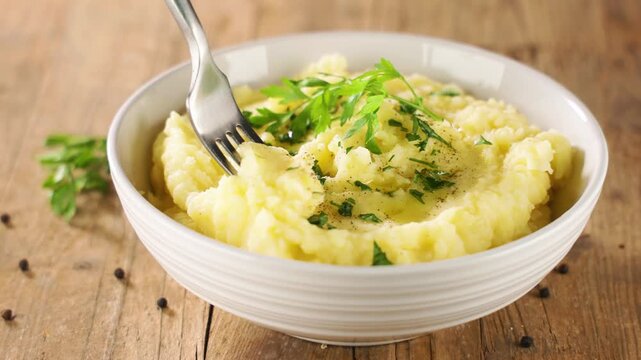 Homemade mashed potatoes with fresh parsley and fork in ceramic bowl on rustic wooden table
