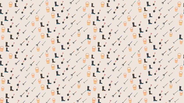 Gardening tools and boots seamless pattern