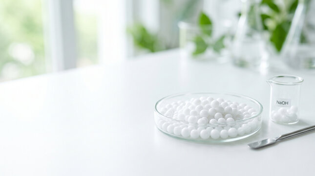 Sodium hydroxide pellets white solid in glass dish on laboratory table  