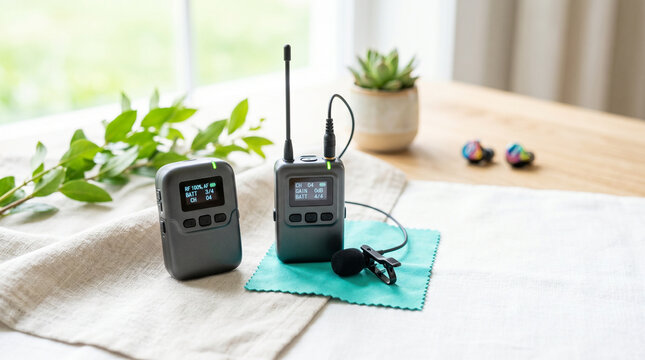 Wireless lavalier microphone with receiver on a wooden table  