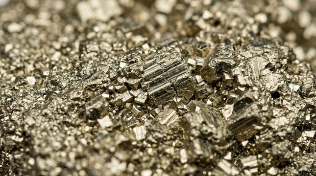 Macro photography of pyrite mineral golden metallic texture. Raw crystal surface