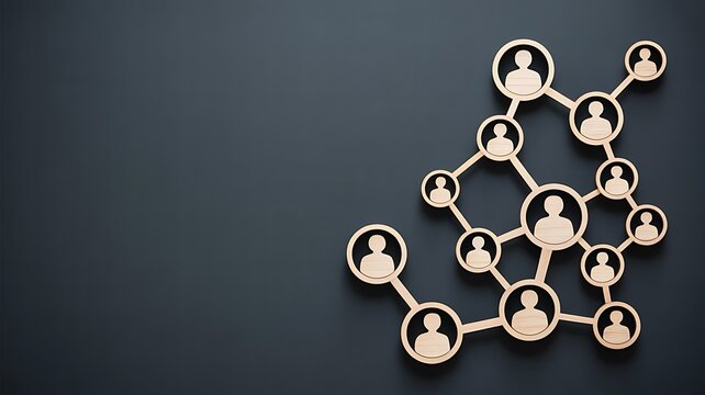 Wooden circular with human silhouettes connected by lines on a dark grey background, representing social networking, and connections