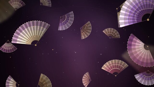 Japanese Folding Fans Sensu Ougi Scattered Pattern Rotating Gold Fan Motifs on Deep Indigo Seamless Loop in soft plum tones