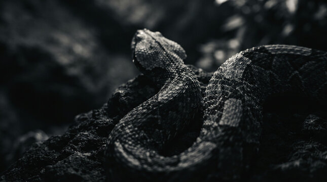 Close-up black and white of a viper snake coiled on rough textured ground