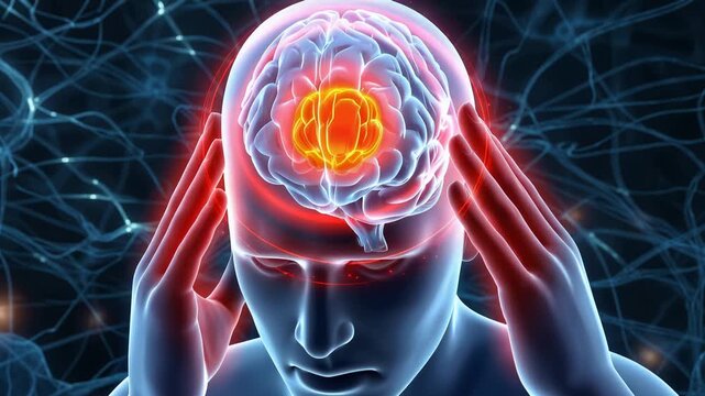 Medical illustration of human brain with highlighted red region, showing headache, migraine, stroke, neurological disorder, healthcare anatomy concept, 4K video