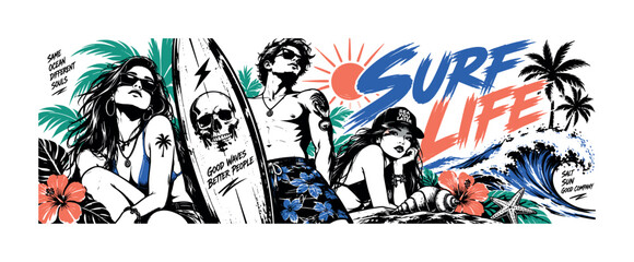 Fototapeta premium Surf Lifestyle Keywords — clean editorial banner with 3 expressive stylized surf characters, oversized surfboard, skull motif, wave, and tropical beach objects, edge-to-edge asymmetric composition;